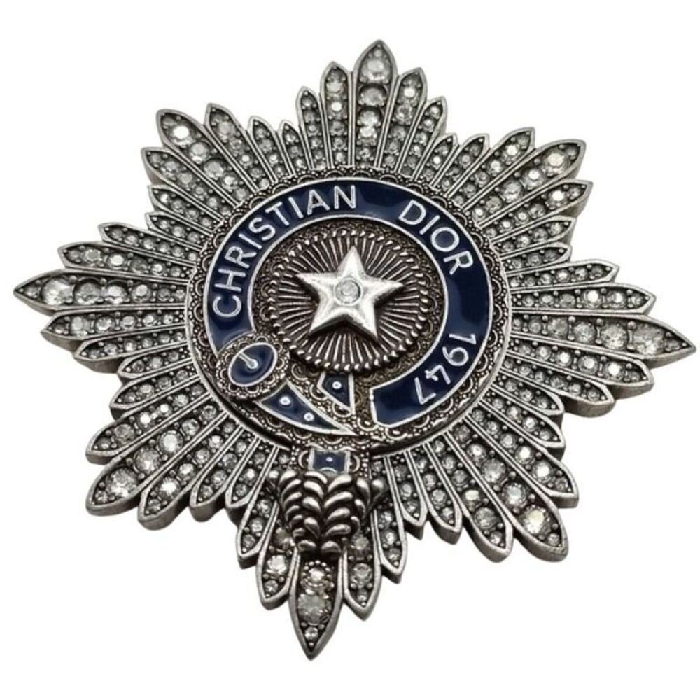 Christian Dior Brooch 1947 Signature BUFFALO STAR Silver Metal Men's Rhinestone